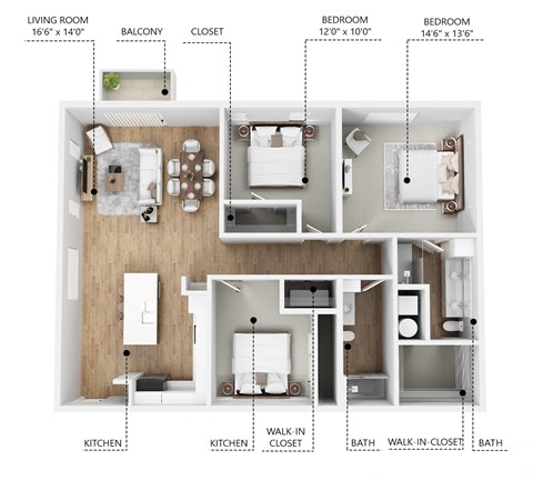 Floor plan for 3 beds, 2 baths, 1410 sqft